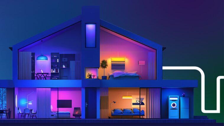Purple/blue rendering of a home with a number of different colored lights inside, with a circuit-like line leading into it.
